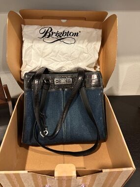 Brighton Denim and Black Leather Tote Shoulder Bag